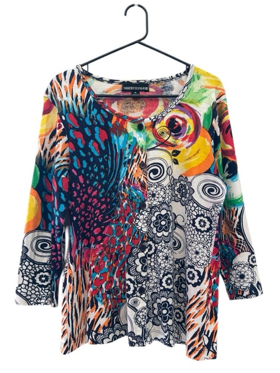 Vintage Sweaters - Vintage Y2K Era Mirror Image Colorful Abstract Artwork Button-Front Cardigan XL